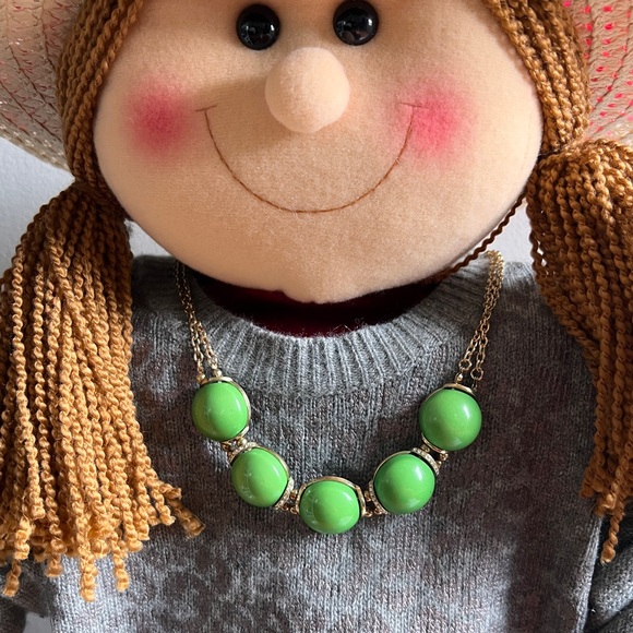 Vintage Art Deco Green cabochon Bubbles Necklace rhinestone spacer double golden - Picture 3 of 10